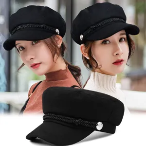 Classic black wool newsboy hat for women featuring a braided rope and silver button detail