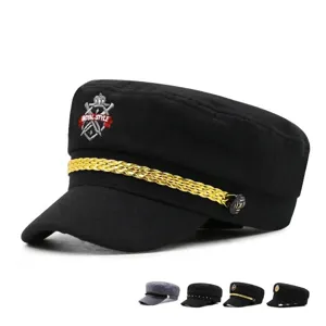 Classic black woolen navy captain hat with gold braided rope and royal crest embroidery