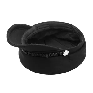 Classic black wool sailor captain hat with braided cord and silver button detail