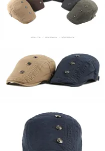 Detailed view of retro rivet beret hats in khaki and navy blue fabric