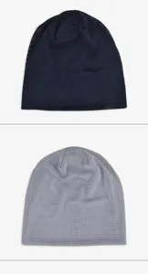 Close-up of thin breathable mesh beanies in navy blue and light grey colors