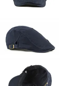 Multi-angle details of a navy blue retro newsboy beret with gold metal studs