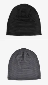 Detail view of lightweight breathable knitted beanies in black and dark gray colors.