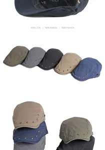 Close-up detail of vintage cotton beret hats featuring decorative silver rivet studs