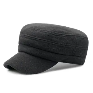 Klassieke grijze wollen platte militaire pet voor heren met warm en dik winterweefsel