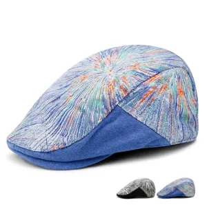Stylish men's flat cap with colorful jacquard embroidery and a blue wool felt finish