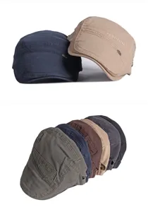 Detailed view of retro cotton flat caps with 'FASHION' embroidery in multiple colors