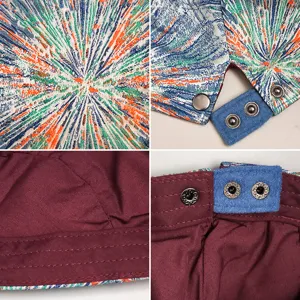 Detailed macro views of a colorful jacquard beret showing fabric texture and snap buttons