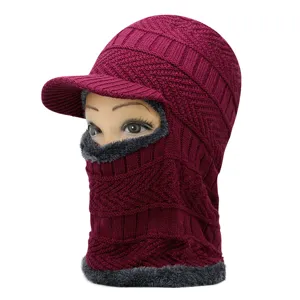 Warm burgundy knitted balaclava with brim and fleece lining for winter outdoor sports
