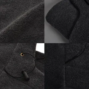 Detail view of a grey fleece windproof balaclava showing soft texture and drawstring toggle.