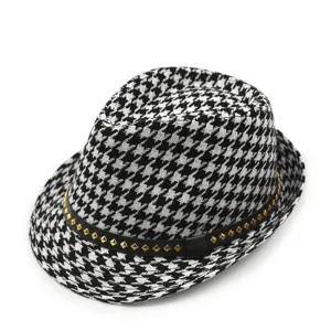Sombrero Fedora de Pata de Gallo para Niños Lana Invierno Cálido Retro Jazz Cap Con Hebilla de Cinturón Remache Niños Niñas Moda