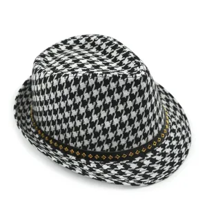 Sombrero fedora clásico para niños con estampado de pata de gallo y tachuelas oro