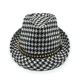 Elegante sombrero de jazz para niños con estampado de pata de gallo y hebilla de cinturón dorada