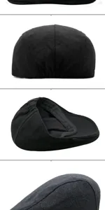 Multi-angle details of a black wool-like flat cap showing the interior and rear fit