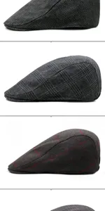 Side view detail of vintage wool beret flat caps in multiple plaid and check patterns