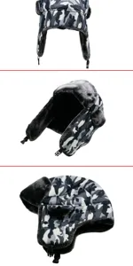 Detail views of camouflage winter ushanka hat with warm faux fur lining