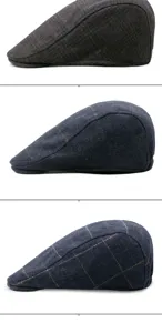 Detail view showing three different patterns of retro wool beret ivy caps for winter.