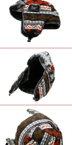 Detail views of warm winter trapper hat with thick faux fur and Nordic reindeer pattern