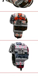 Detailed view of unisex winter trapper hat featuring warm plush lining and Nordic reindeer patterns