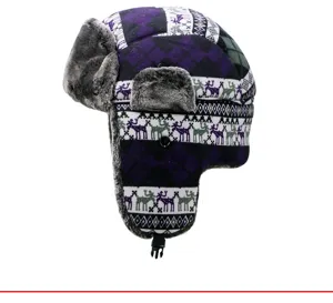 Detailed side view of a winter trapper hat with purple plaid and reindeer patterns