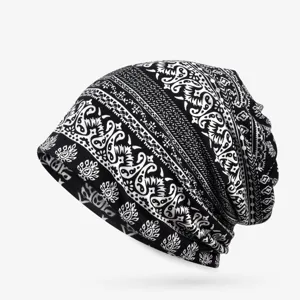 Detailed macro view of the paisley print turban hat featuring an ethnic pattern