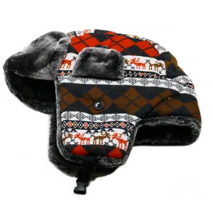 Winter trapper hat for men and women with warm faux fur lining and reindeer argyle pattern