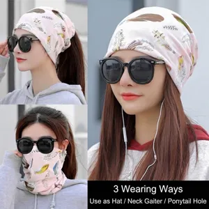 Multifunctional pink feather print beanie and neck warmer scarf for women's outdoor wear