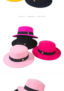 Multi-color woolen flat top fedora hats with ribbon band and metal emblem