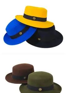 Collection of stylish wool felt flat top hats in various colors with decorative bands