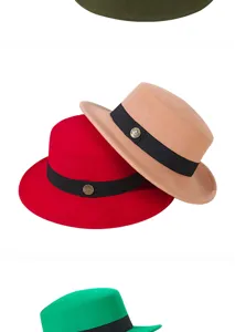 Detailed view of stylish red and camel flat top wool felt hats with wide brims and black bands