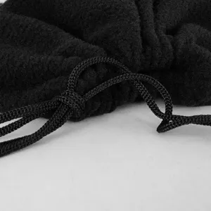 Black outdoor fleece neck gaiter with adjustable drawstring close-up visual display