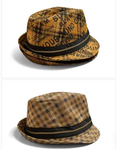 Detailed macro view of stylish plaid fedora hats featuring graffiti print and zipper band