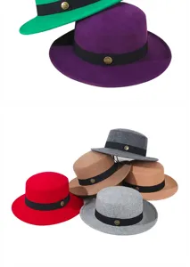 Variety of flat-top wool felt hats in multiple colors with black ribbon and gold emblem.