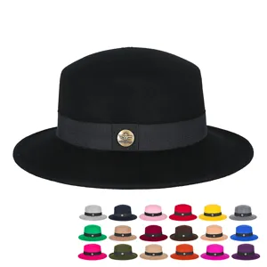 British Retro Wool Felt Boater Hat Wide Brim Flat Top Fedora Hat With Ribbon Metal Buckle Autumn Winter Warm Unisex Hat