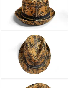 Detail view of the stylish brown plaid fedora with graffiti text and decorative zipper band.