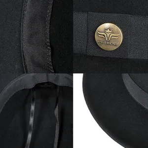Retro black wool felt flat top hat with wide brim featuring a decorative antique metal logo