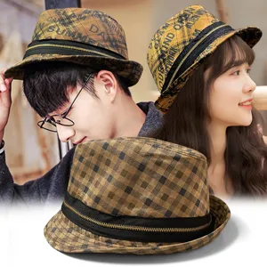 British Plaid Fedora Hat Graffiti Letter Print Jazz Hat With Zipper Band Vintage Streetwear Sun Hat For Men Women