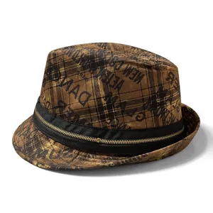Stylish British retro plaid fedora hat featuring graffiti letters and a gold zipper band