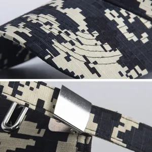 Detailed view of a digital camouflage baseball cap with adjustable metal buckle strap