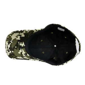 Inside view of a digital camouflage baseball cap showing internal structure and cotton label