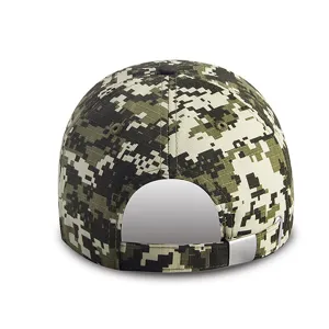 Rear view of a digital camouflage baseball cap featuring an adjustable metal buckle strap
