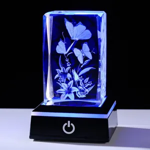 3D Laser Engraved White Crystal Cube Night Light LED Touch Base Multicolored Butterfly Flower Desk Ornament Valentine Day Gift