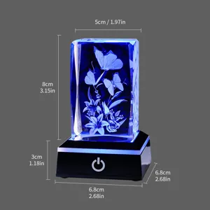 Detailed dimensions of 3D laser engraved crystal cube night light with butterfly lily
