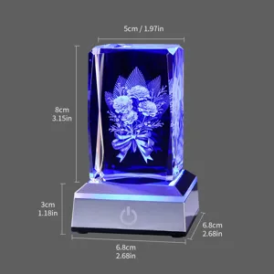 Dimensions of 3D laser engraved carnation crystal night light with square LED base