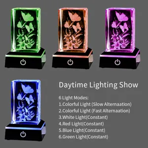 Detailed view showing 6 lighting modes of 3D laser engraved butterfly crystal night light
