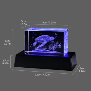Detailed dimensions for 3D laser engraved turtle crystal night light on black base.