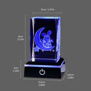 Veilleuse en cristal gravée au laser 3D avec lapin et lune, dimensions 80 mm