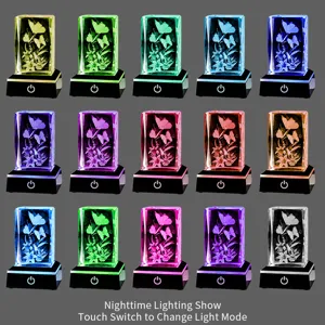 Detailed macro view of 3D laser engraved crystal cube night light with multi-color LED