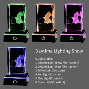 Detail view of 3D laser engraved crystal night light showing 6 different color modes