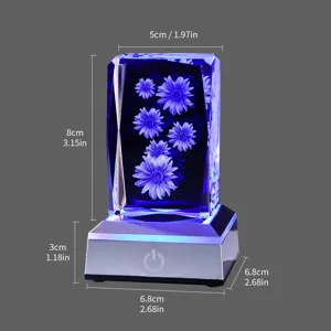 Detailed dimensions of the 3D laser engraved daisy crystal night light cube with base